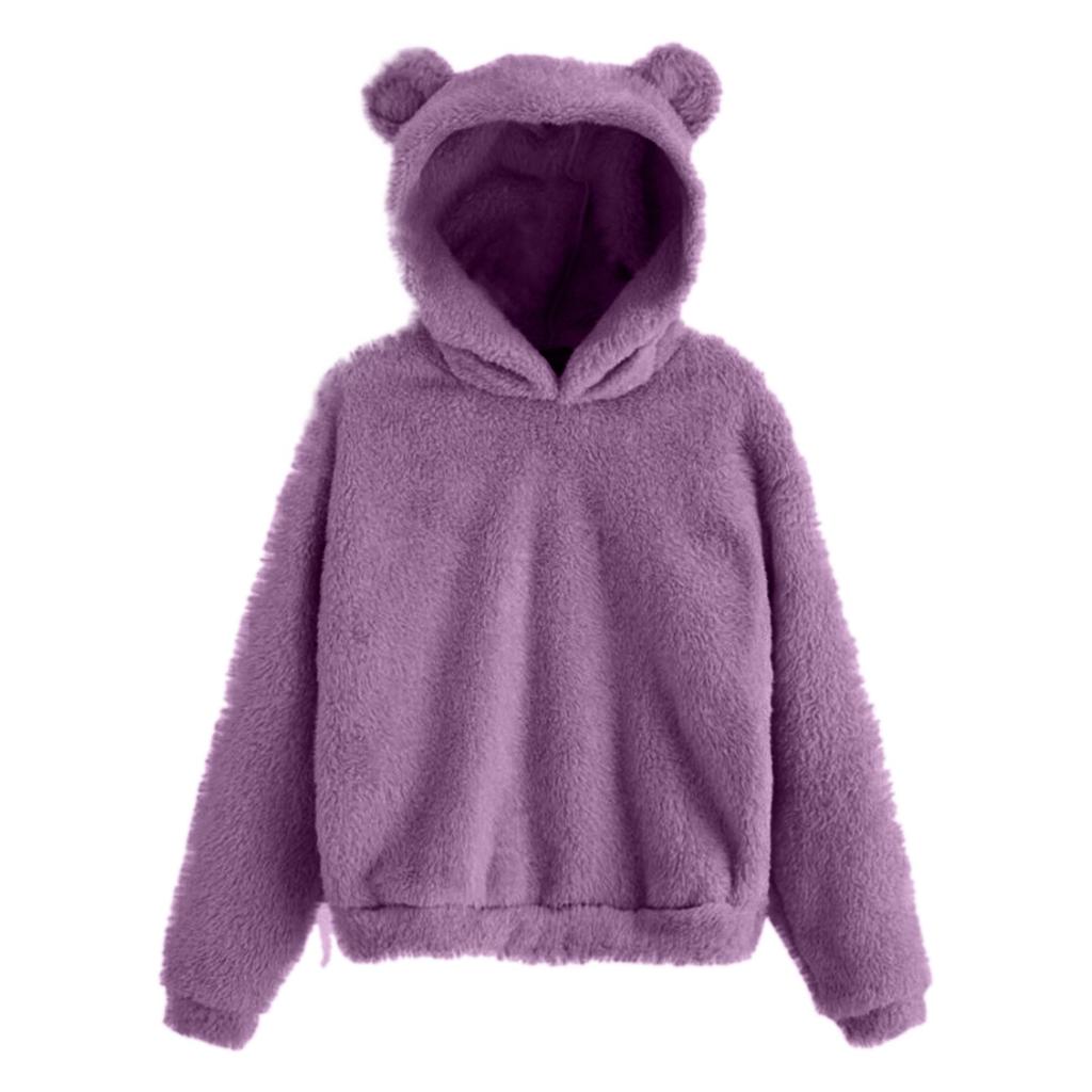 Women's Long Sleeve Fleece Sweatshirt Warm Bear Shape Fuzzy Hoodie Pullover