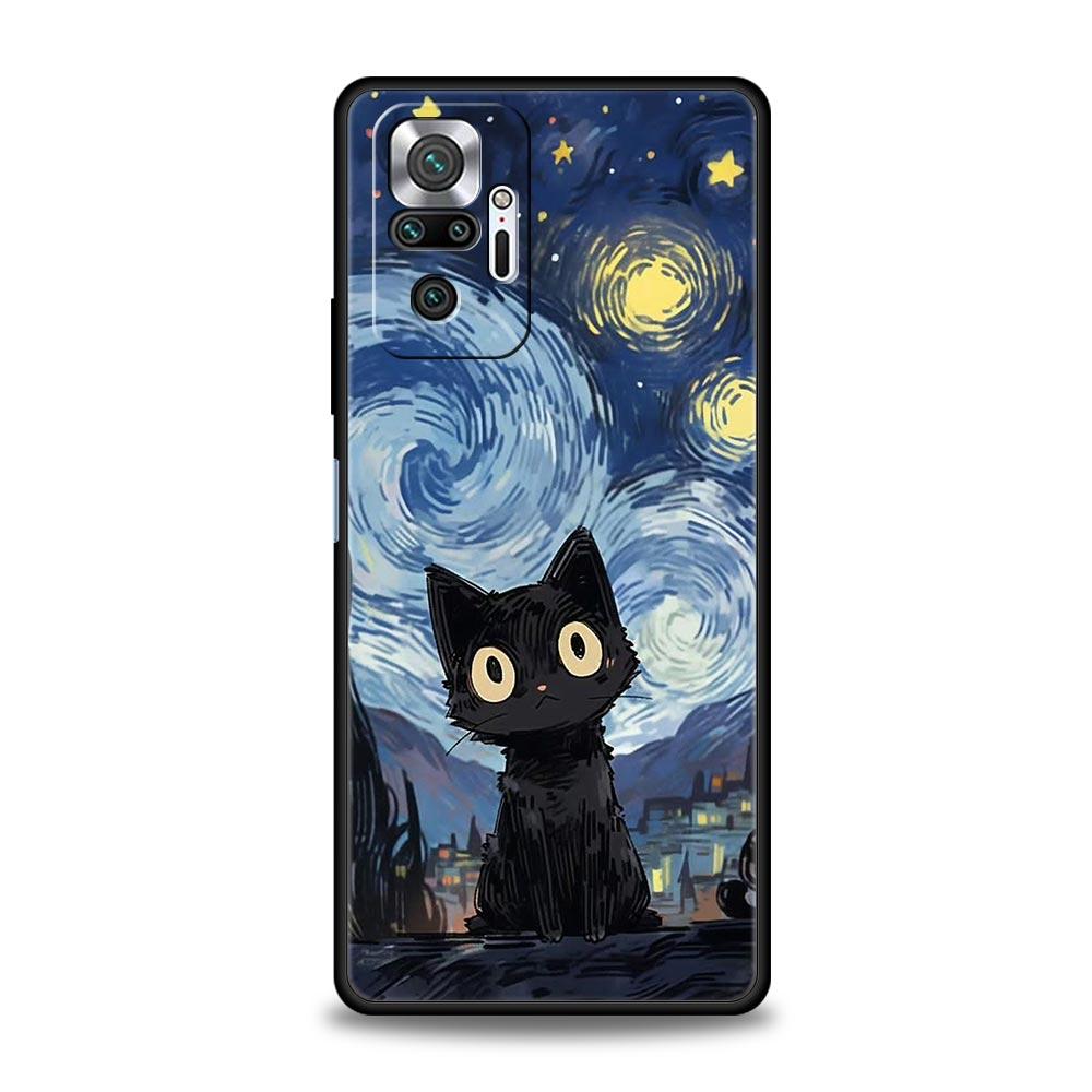 Cat Van Gogh Starry Sky Phone Case For Xiaomi Redmi Note 14 13 5G 10 11 12 Pro Plus 4G 14C 13C 12C 10C Black Cover