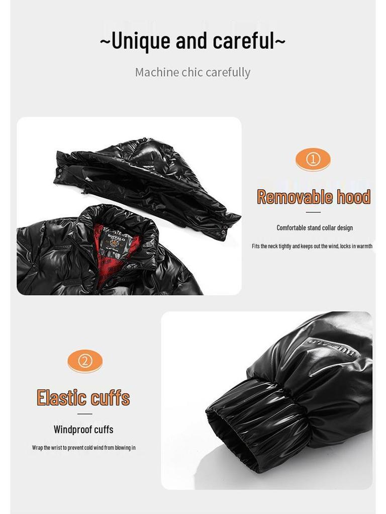 Glossy Men's White Duck Down Jacket with Detachable Hood - Thickened, Loose, Casual Coat