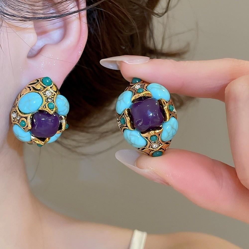 Zinc Zinc Alloy Flower Earrings Peacock Blue Medieval Resin Earrings Irregular-shaped Ear Stud  Wedding