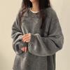 Graue Vintage Damenpullover Schwarze Laternenärmel Koreanische Mode Übergroße Strickpullover Einfarbig Basic Old Money Winter
