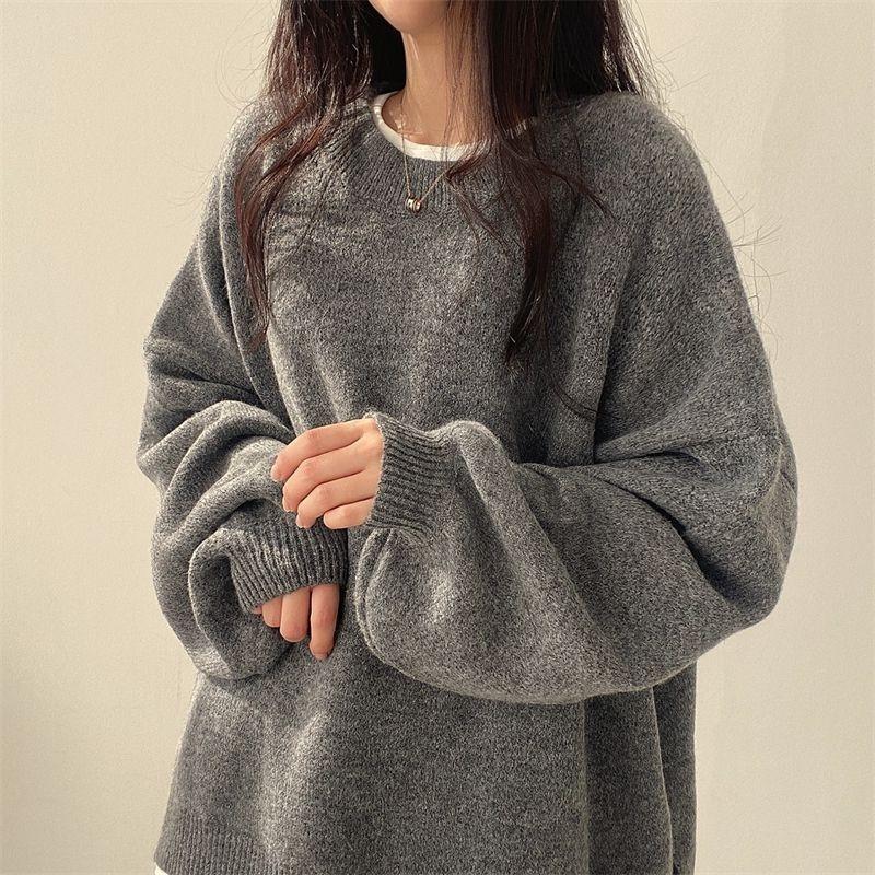 Graue Vintage Damenpullover Schwarze Laternenärmel Koreanische Mode Übergroße Strickpullover Einfarbig Basic Old Money Winter