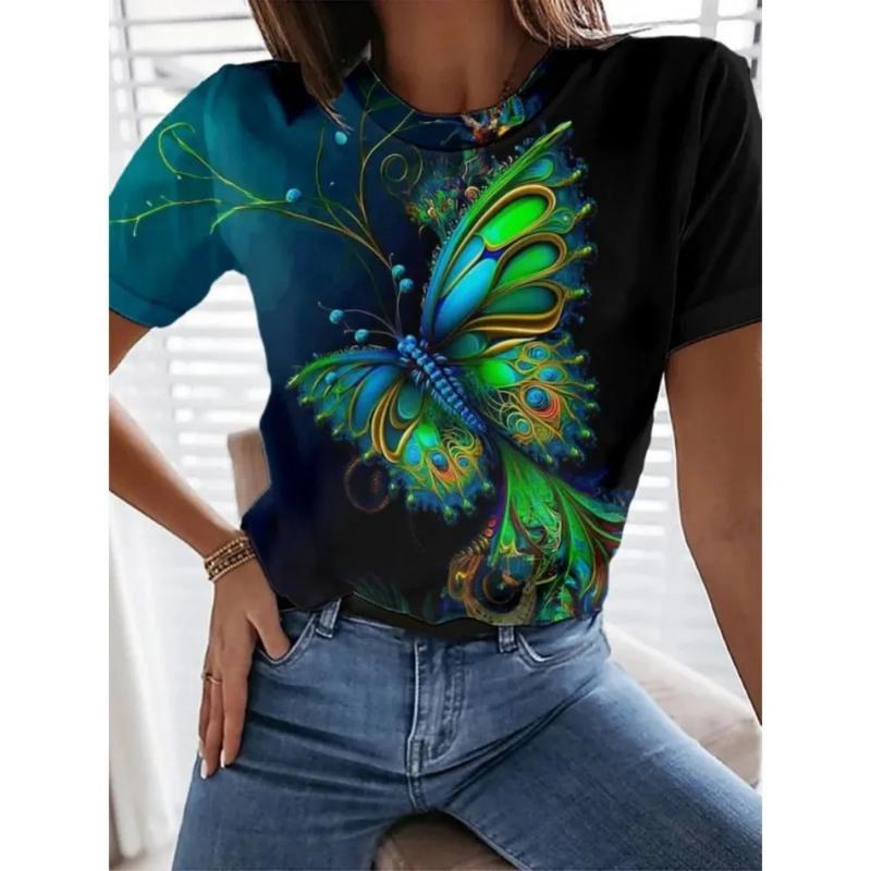 Modisches Damen Rundhals-T-Shirt Rundhals Kurzarm 3D Farbdruck