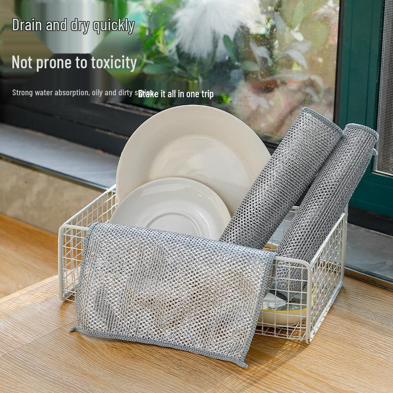 Silver Steel Wire Double-Sided Dishcloth - Non-Stick, Oil-Proof, Thick Scouring Pad for Stain Removal. 20x20CM [Single Piece]
