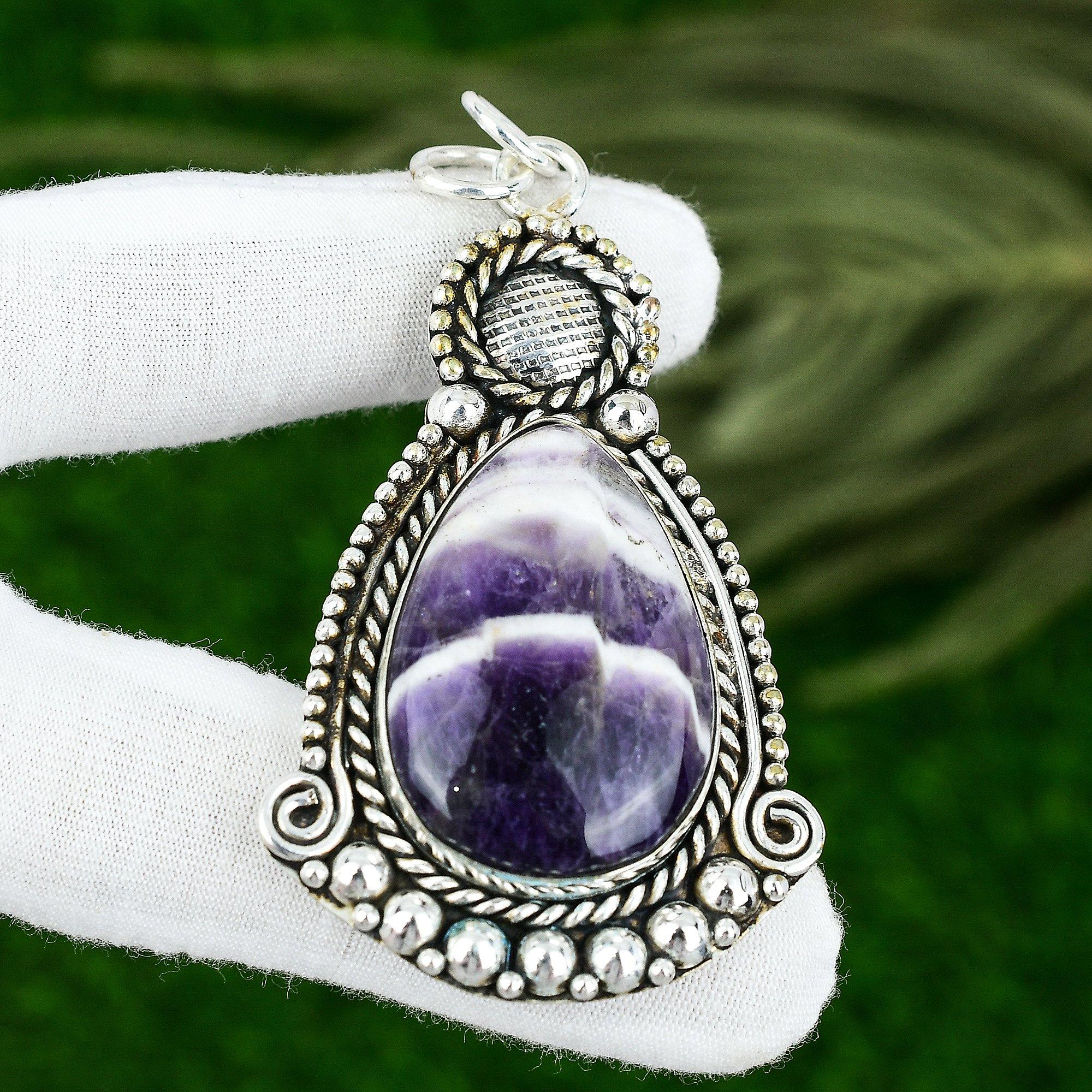 Sterling Silver Chevron Amethyst Gemstone Artisan Crown Chakra Unique Pendant
