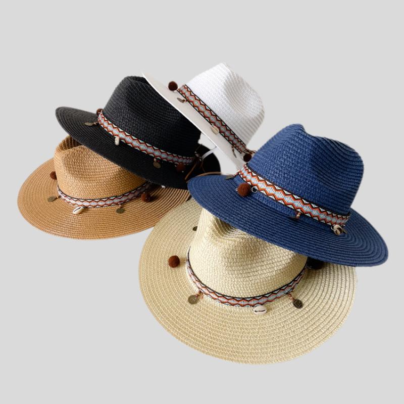 2025 New Fashion Bohemia Style Vacation Straw Hat Women Beach Grassland Travel Retro Cowboy Sun Hat Women's Wide Brim Panama