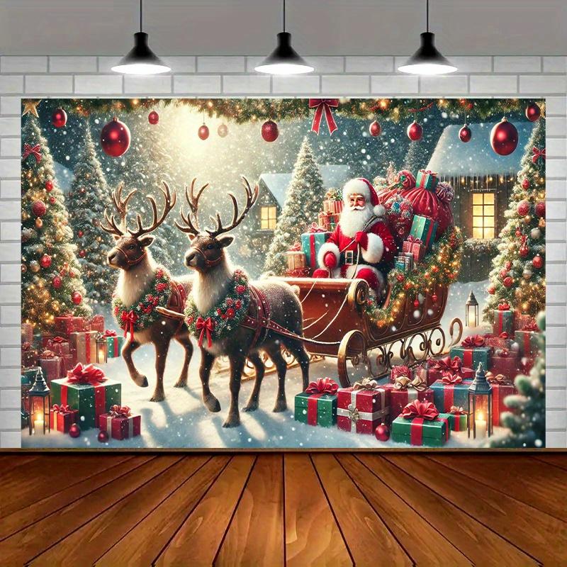 1 Piece Holiday Santa Claus Sled Background Cloth - Santa Claus and Reindeer Snow Scene Durable Indoor and Outdoor Decoration