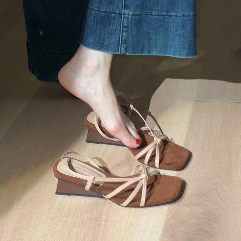 Retro thin strap open-toed sandals women's summer gentle temperament versatile bow slope heels