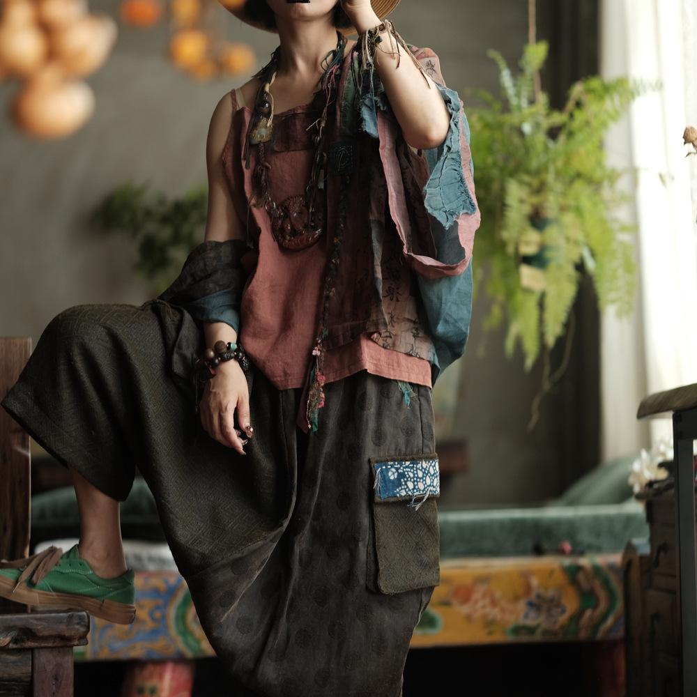 Johnature Women Vintage Patchwork Color Shirts Belt  Autumn Blouses Bat Sleeve Female Blouses Chinese Style Tops