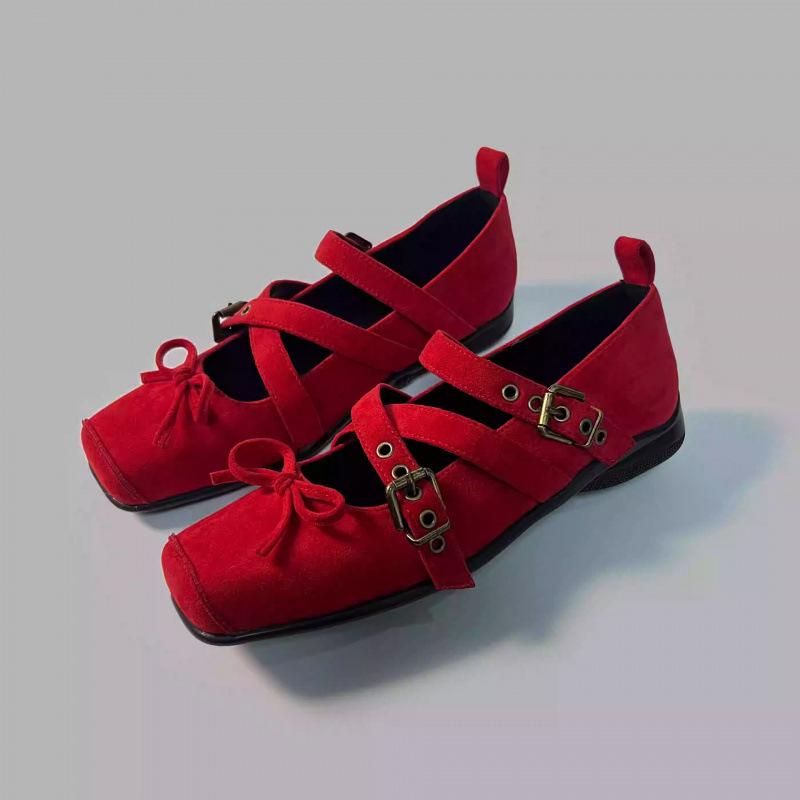 New Korean products! Bow square head shallow mouth ballet shoes women's 2025 summer new one-word buckle Mary Jane shoes