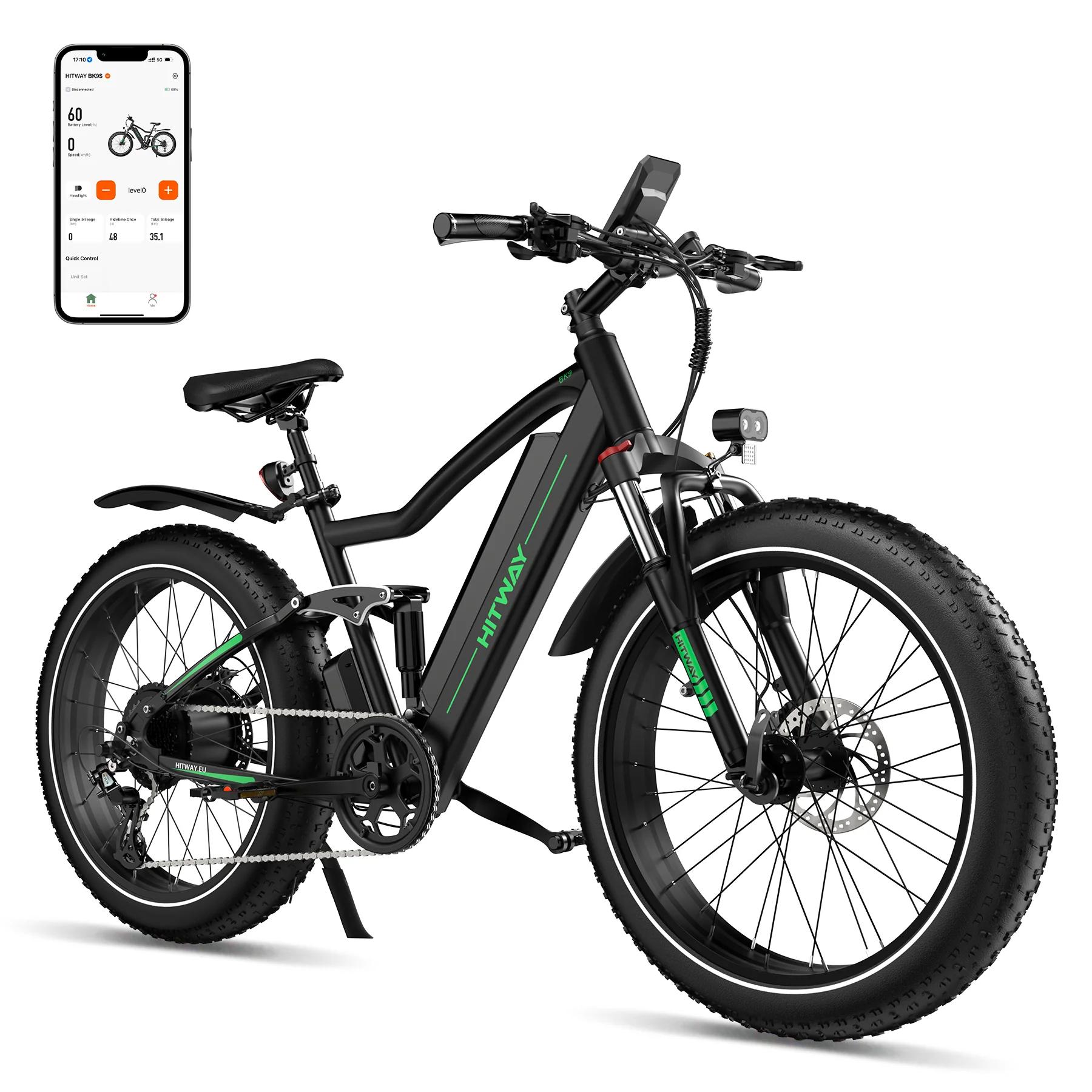HITWAY BK9S Electric Mountain Bike 26inch full suspension ebike with 48V 15Ah Battery svart