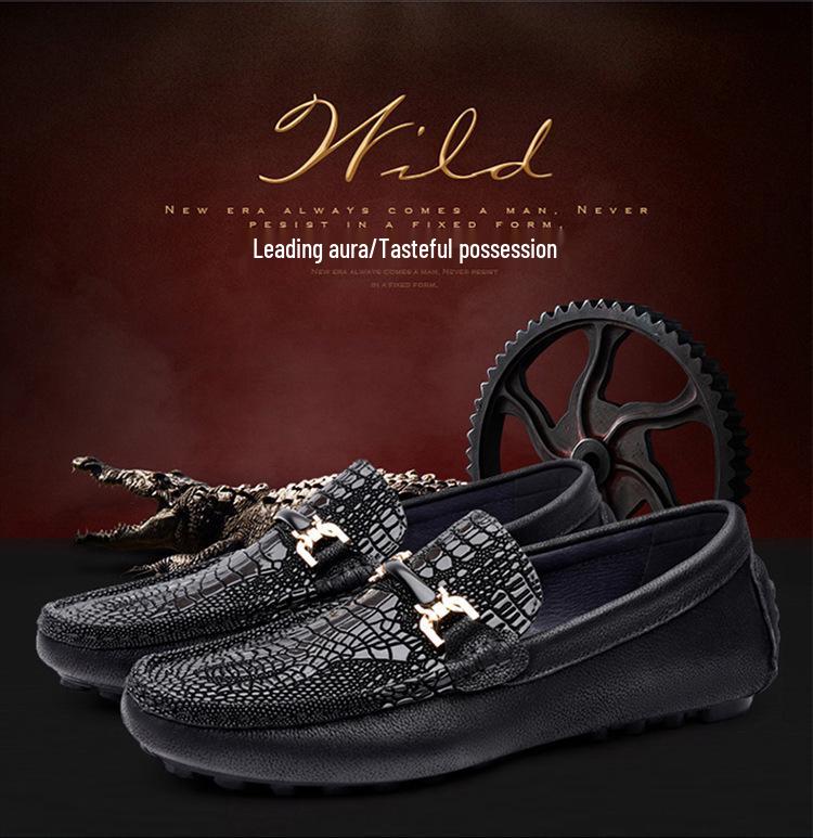 Men's Large Slip-On Leather Loafers: Crocodile Pattern Flat Sole Casual Driving Shoes