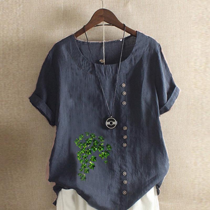 Women's Fashion Round Neck Short Sleeve T-shirt Casual Cotton Linen Graphic Shirt Leisure Loose Green Plants Prined Summer Blouse Tops
