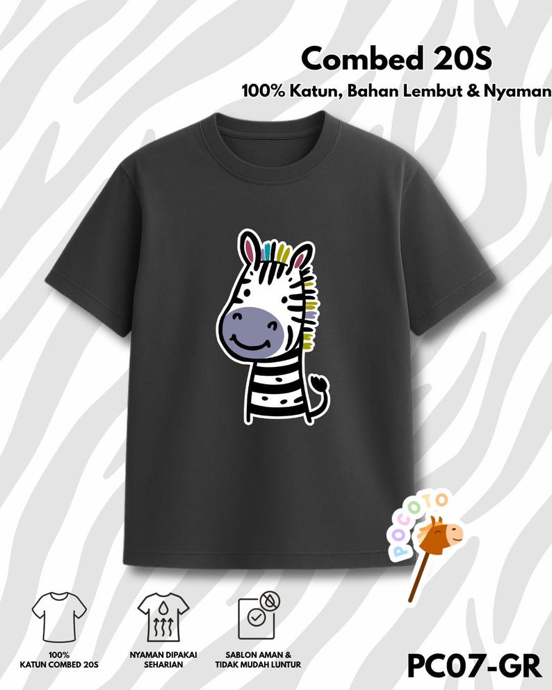 Cute Zebra, Animal Cartoon Graphic Tee, 100% Combed Cotton 120