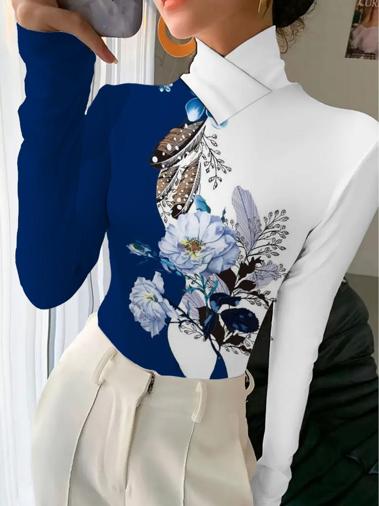 Women's Elegant Top, High-neck Long-sleeve T-shirt, Multifunctional Artistic Print, Everyday Basic Layering Shirt