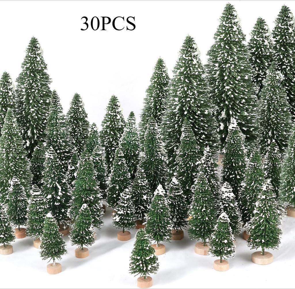 A Set of Five Sizes Mini Christmas Trees Artificial Bottle Brush Trees with Wooden Base ForChristmas Home Table Craft Dress Up