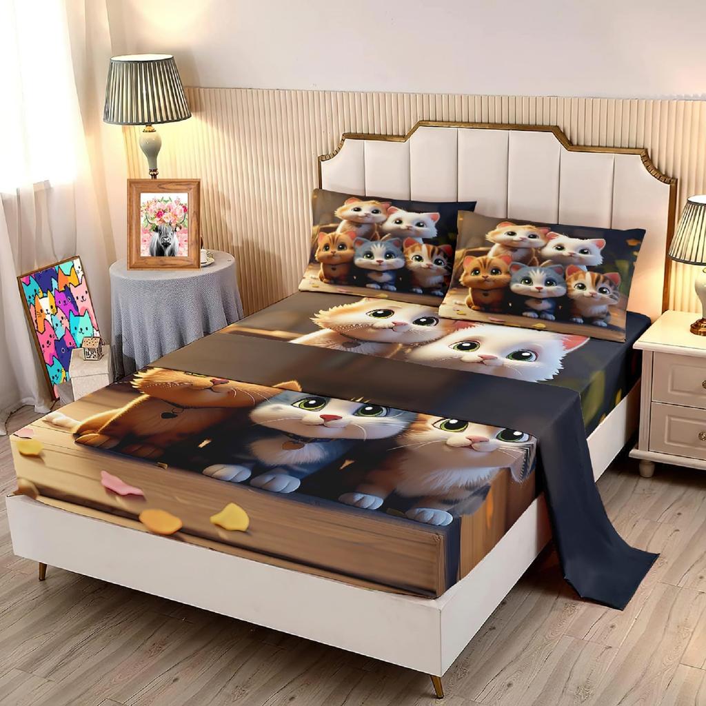 Cute cartoon cat family pattern mattress four-piece bedding set bedroom dormitory bedding set