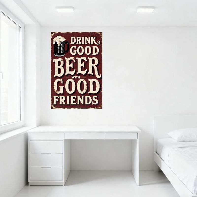 Vintage Rustic Metal Tin Sign 'DRINK GOOD BEER WITH GOOD FRIENDS' Retro Beer Mug Illustration Home Bar Club Decor