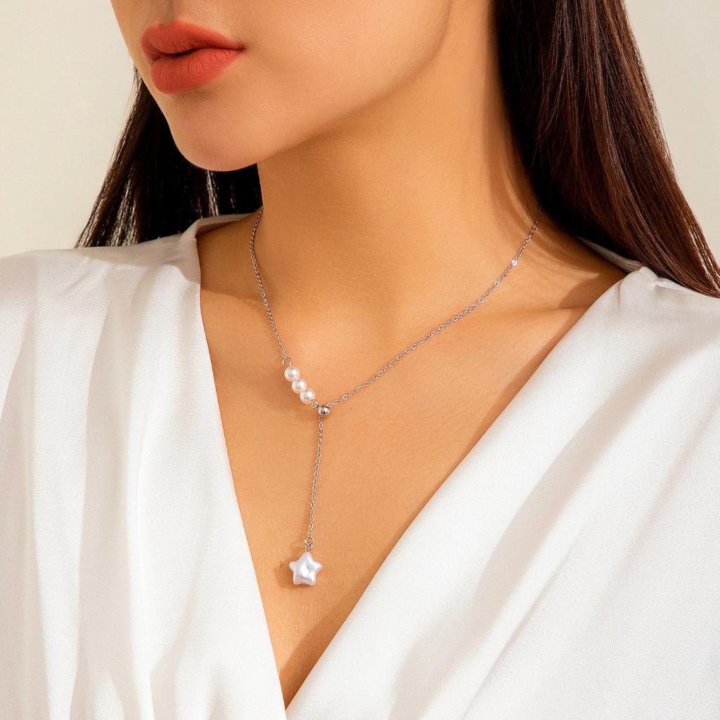 Cold Wind Design Pullable Necklace Necklace Pentagram Pearl Fringed Chain