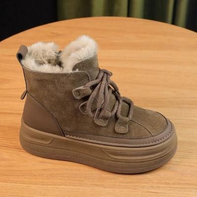 Women Cow Suede Genuine Leather Platform Wedge Winter Plush Ankle Boots Hidden Heels Warm Snow Booties Outdoor Walking Shoes