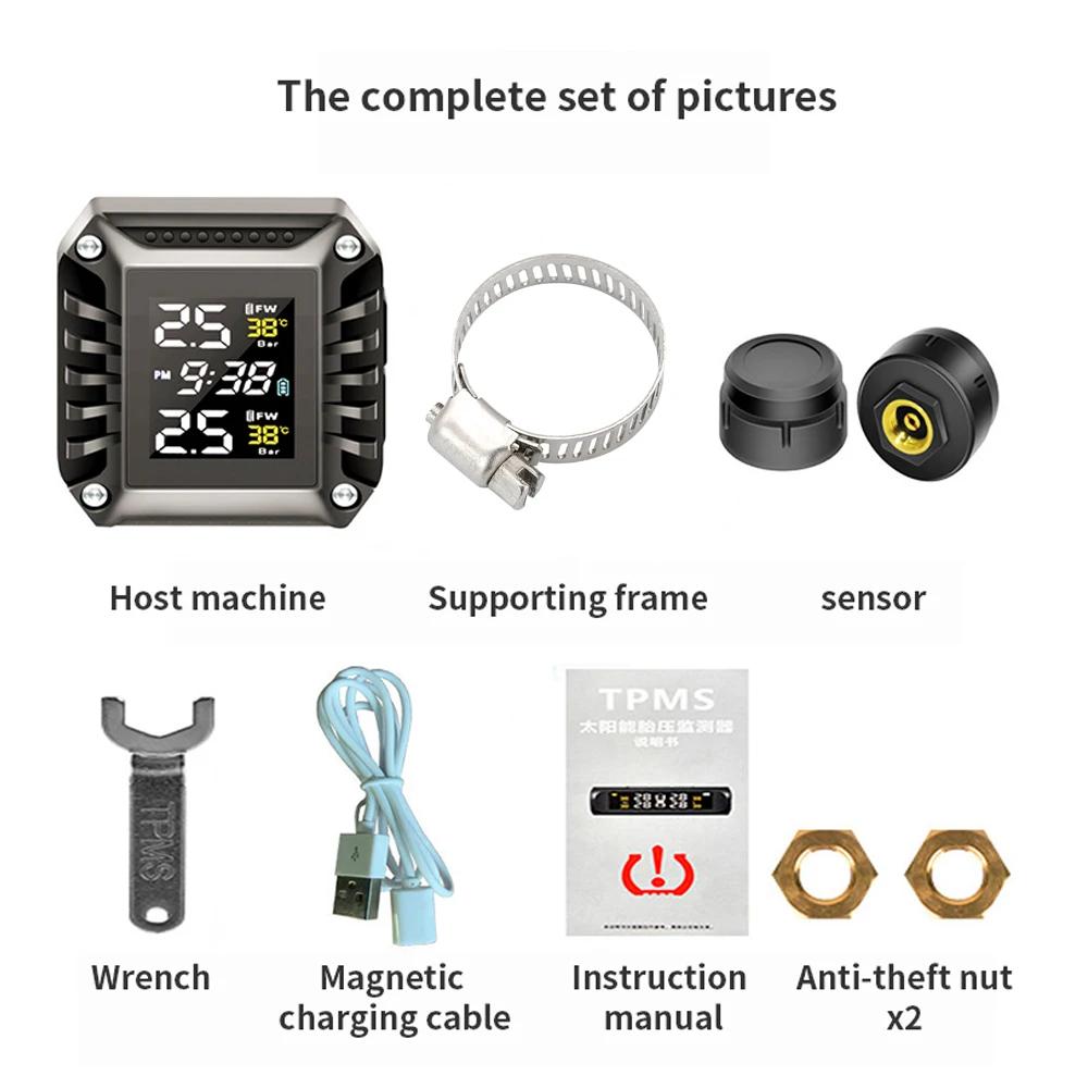 

Беспроводная система контроля давления в шинах мотоцикла (TPMS), система сигнализации температуры шин мотоцикла с 2 внешними датчиками, отображение времени Portable