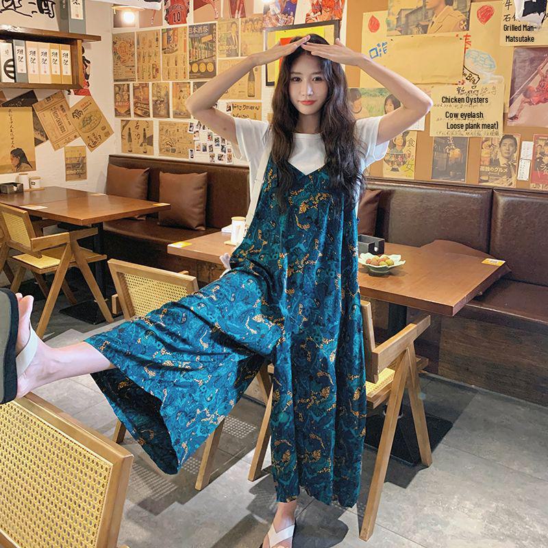 

2025 Корейский стиль Высокая талия Тонкий драпированный широкий комбинезон с синим принтом для женщин XL (Recommended for 120-135 jin) синий