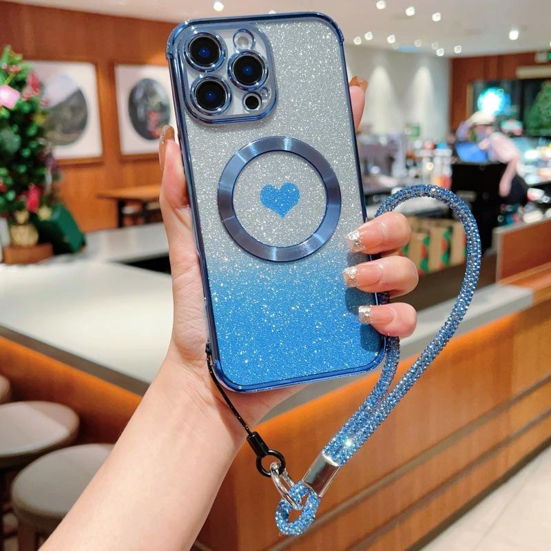 Applicable to Apple 11Promax love glitter mobile phone case 11Pro magnetic suction 11 electroplating transparent 11 portable rope female