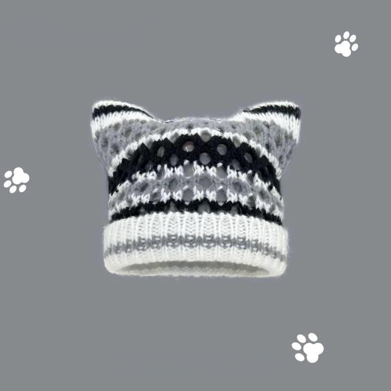Playful Ear Cat Hand Knitted Beanie Hat For Women Charming Striped Design Perfect For Autumn And Fashion Winter