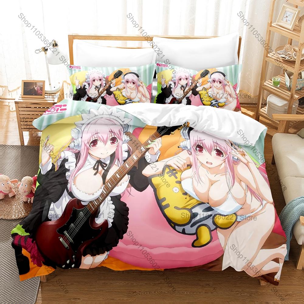 Anime Style Bedding Set, Duvet Cover + 2 Pillowcases, Super Sonico Design Comfortable Home Bedding Supplies