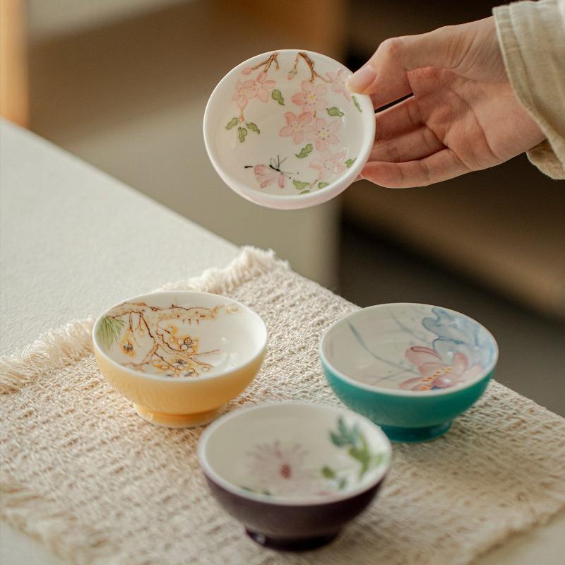 Hand Painted Famille Rose Porcelain Tea Cup Spring Summer Autumn Winter Set Chinese Gongfu Tea Ceremony Personal Cup