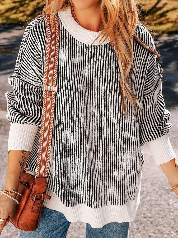 2025 Winter Striped Color Block Sweater for Women – European American Fashion, Warm Loose Versatile Knit Pullover