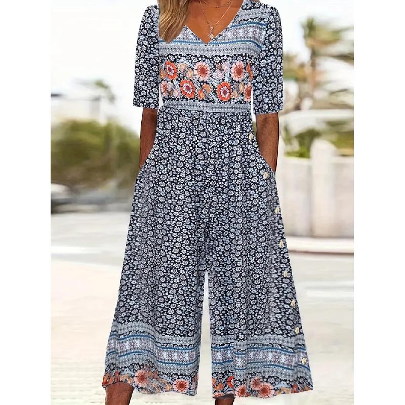 Women s Fashion Print Casual Retro Sleeveless Button Jumpsuit XS
