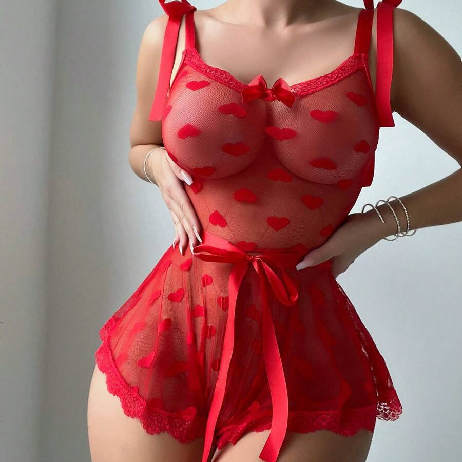 Mesh Transparent Heart Shaped Lace Up One Piece Lingerie Set Underwear