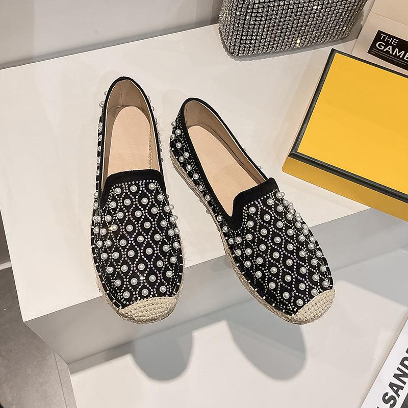 

Модные женские балетки с кристаллами и жемчугом, обувь ручной работы, эспадрильи из конопли, женские резиновые лоферы, трендовые мокасины рыбака, оксфорды, кроссовки для женщин 5 чёрный