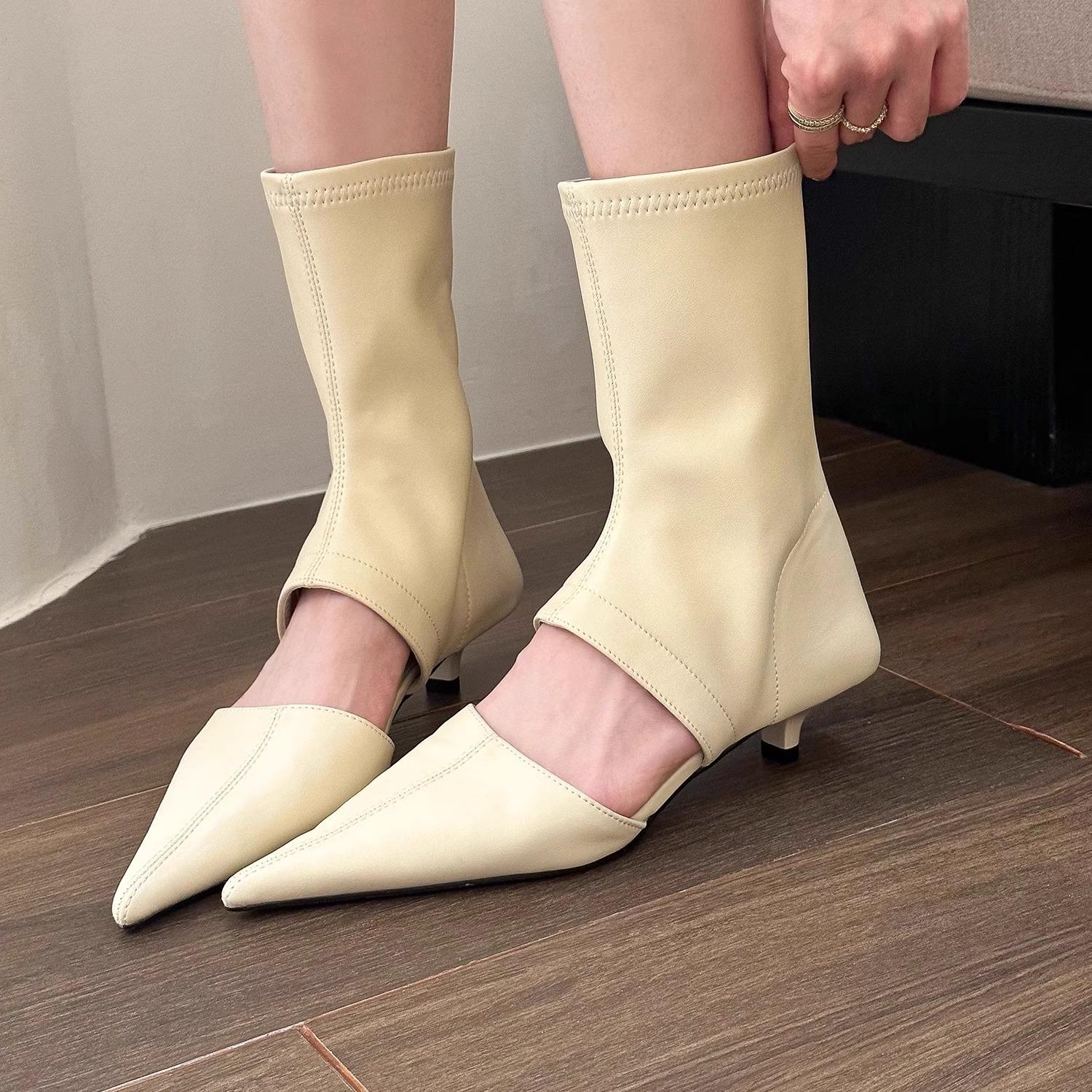 

Spice Girls тысячелетия! Сапоги женские летние с острым носком на низком каблуке, новые эластичные тонкие короткие сапоги 35