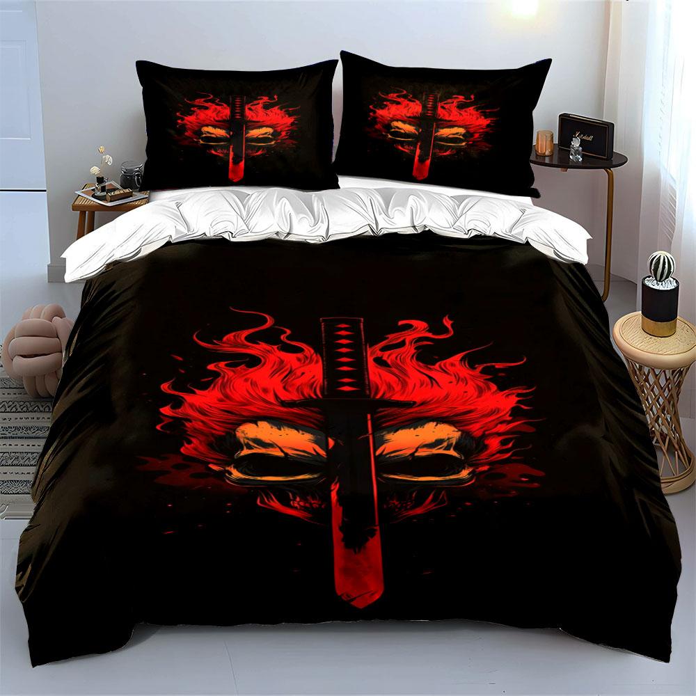 Red flames, sword, skull. Bedding sets Duvet cover sets Duvet covers Pillowcases(1* Duvet Cover 2* Pillowcases without duvet insert)