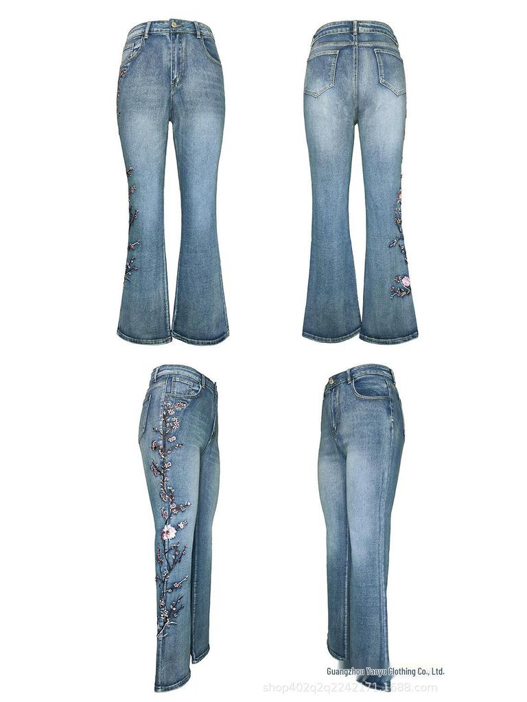 Damen Retro High-Waist Slim Fit Bestickte Micro-Flare Jeans