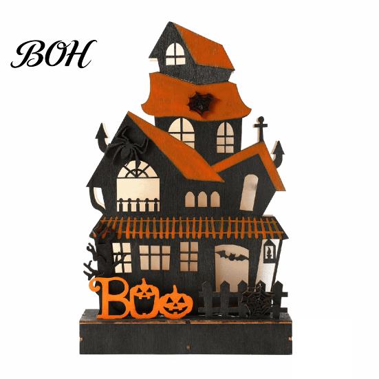 Halloween Wooden Haunted House Decorations Glowing Figurine with LED Light, Tabletop Centerpiece Boxwood Craft Ornament Gifts for Home Party