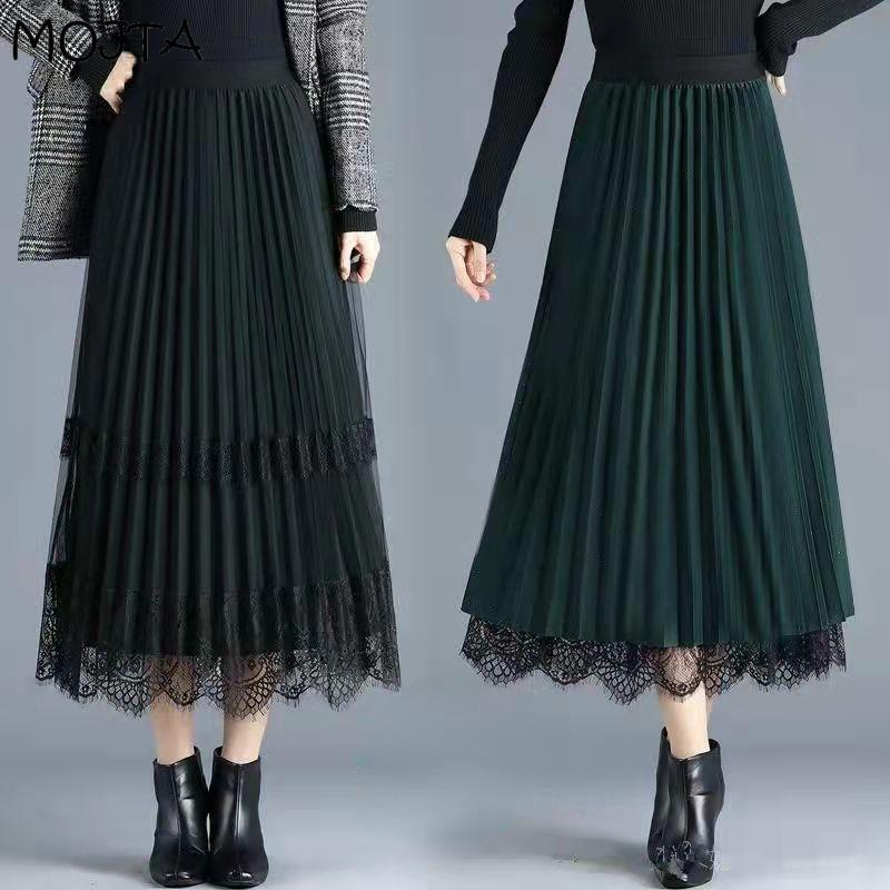 

Весенне-летняя женская сетчатая кружевная плиссированная юбка миди, женская юбка с высокой талией, однотонная тонкая плиссированная юбка трапециевидной формы средней длины M зелёный