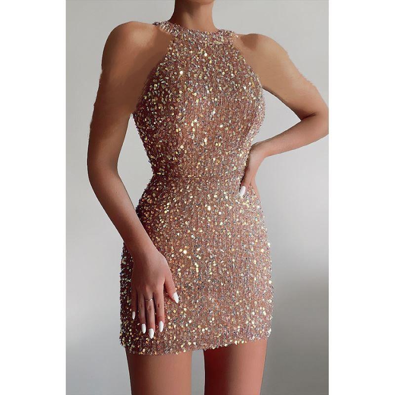

Sexy Party Dress Evening Dress Birthday Party Banquet Sequin Skirt Micro Elastic Tight Sleeveless Dress Champagne 2XL