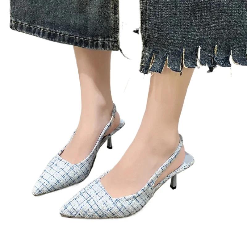 Fashion 2024 New Sandals Straps Women's Low Shoes Suit Female Beige Summer Clear Heels Low-heeled Black Closed Pointed Elastic Band Ope