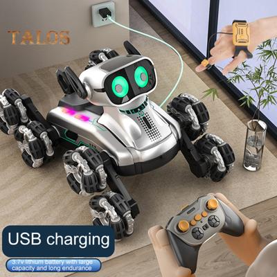 Remote Control Robot Dog Toy with Light Music 8 Wheels Gesture Sensing Interactive Mechanical Dog Educational Kids Electric RC Stunt Robot Puppy Toy