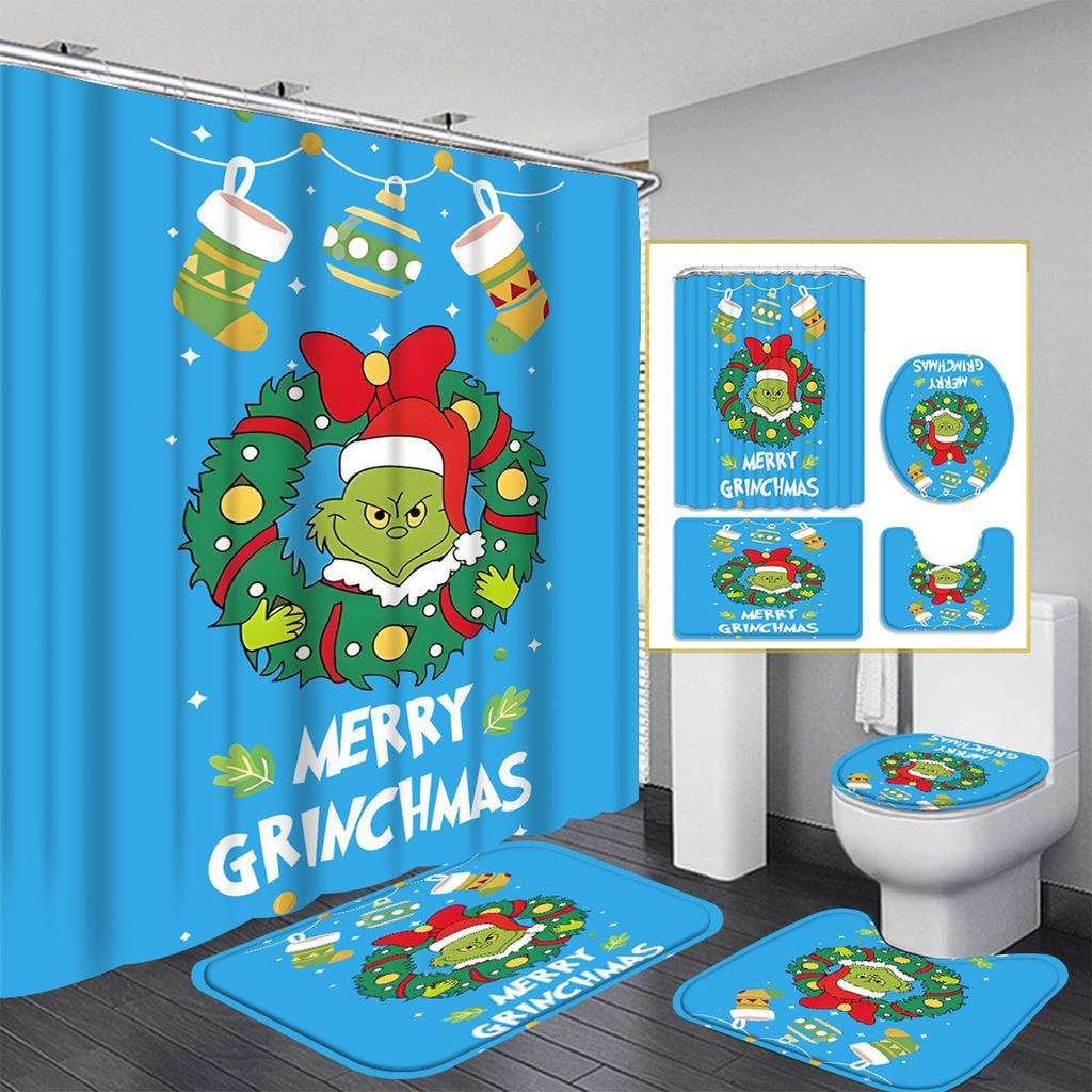 Christmas Green-Haired Pattern Shower Curtain Four-piece Set With 12 Hooks Polyester Waterproof Shower Curtain.