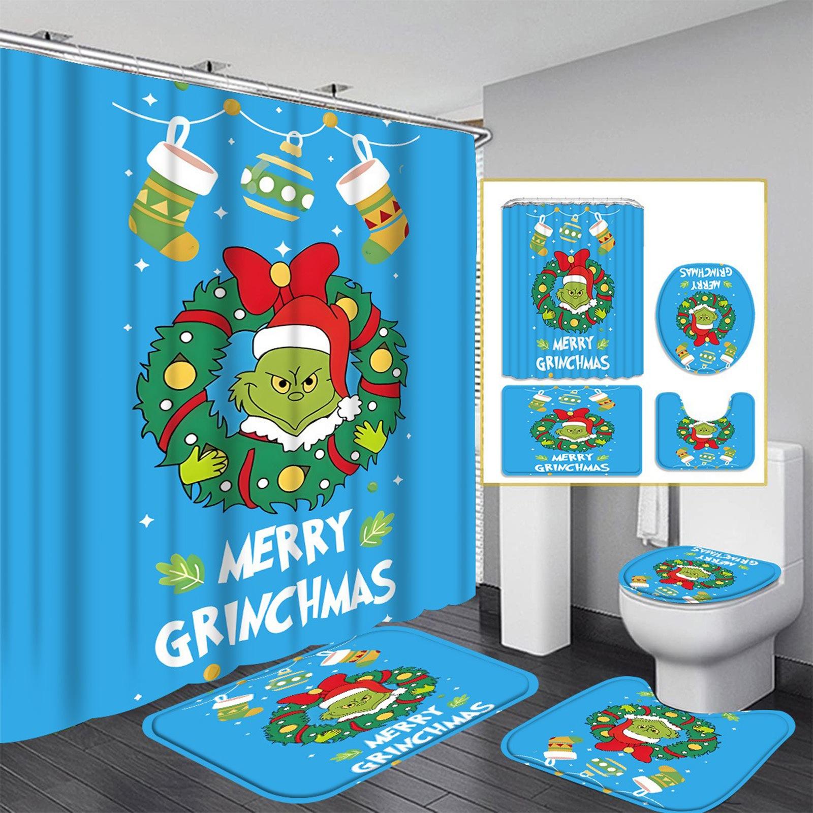 

Рождественский узор с зелеными волосами Набор из четырех предметов для занавески для душа с 12 крючками Полиэстеровая водонепроницаемая занавеска для душа. One Size