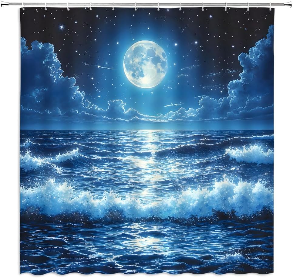 Ocean Sea Waves Shower Curtain Fantasy Blue Night Sky Nautical Moon Romantic Clouds Stars Dreamy Nature Seascape Starry Reflect