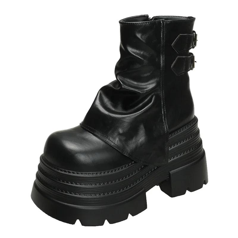 Women Chunky Motorcycle Boots Autumn Hidden Heels Leather Sneakers Winter Waterproof Snow Boots High Platform Ankle Boots 10CM