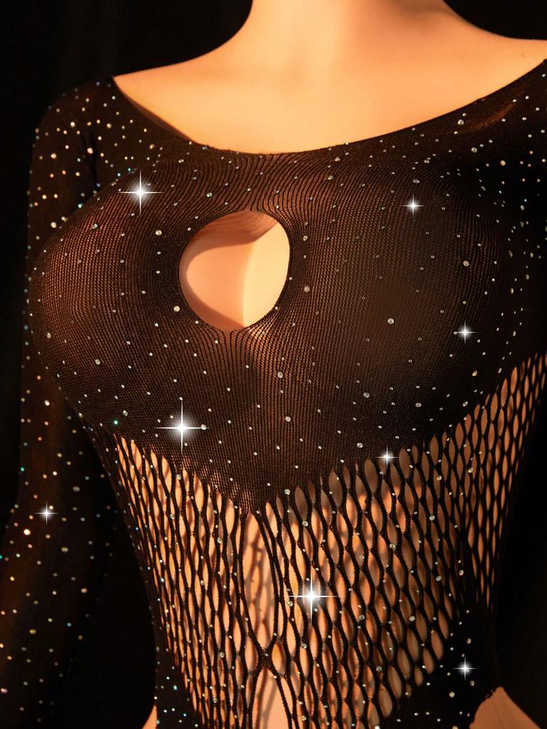Rhinestone Sexy Lingerie For Women Sexy See Through Mesh Long Sleeve Bodysuit Waist & Back Hollow Out Detail Club Party Outfit