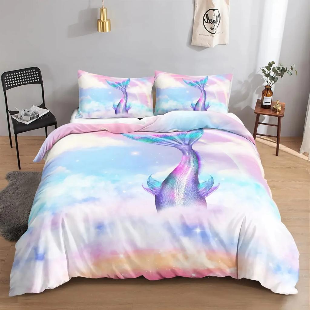 Mermaid Duvet Cover Set,Starfish Blue Undersea Style Dreaming Fairy Tale Bedding Set Girly Comforter Cover Bedroom Decor Gifts