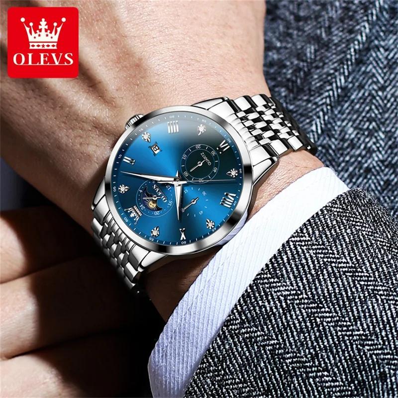 OLEVS Herrenuhren Top-Marke Mode Original Quarzuhr für Mann Wasserdicht Leuchtend Mondphase Datum Chronograph Armbanduhr