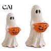 Kid Friendly Halloween Ornaments Resin Ghost Statue with Pumpkin Candy Bowl, Cute Figurine, Trick Seasonal Home Shelf Accessories or Treat Holder for